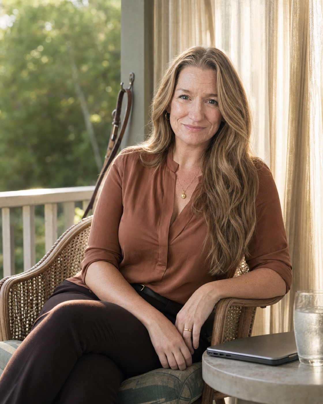 Krista Patrick working on a porch, laptop open